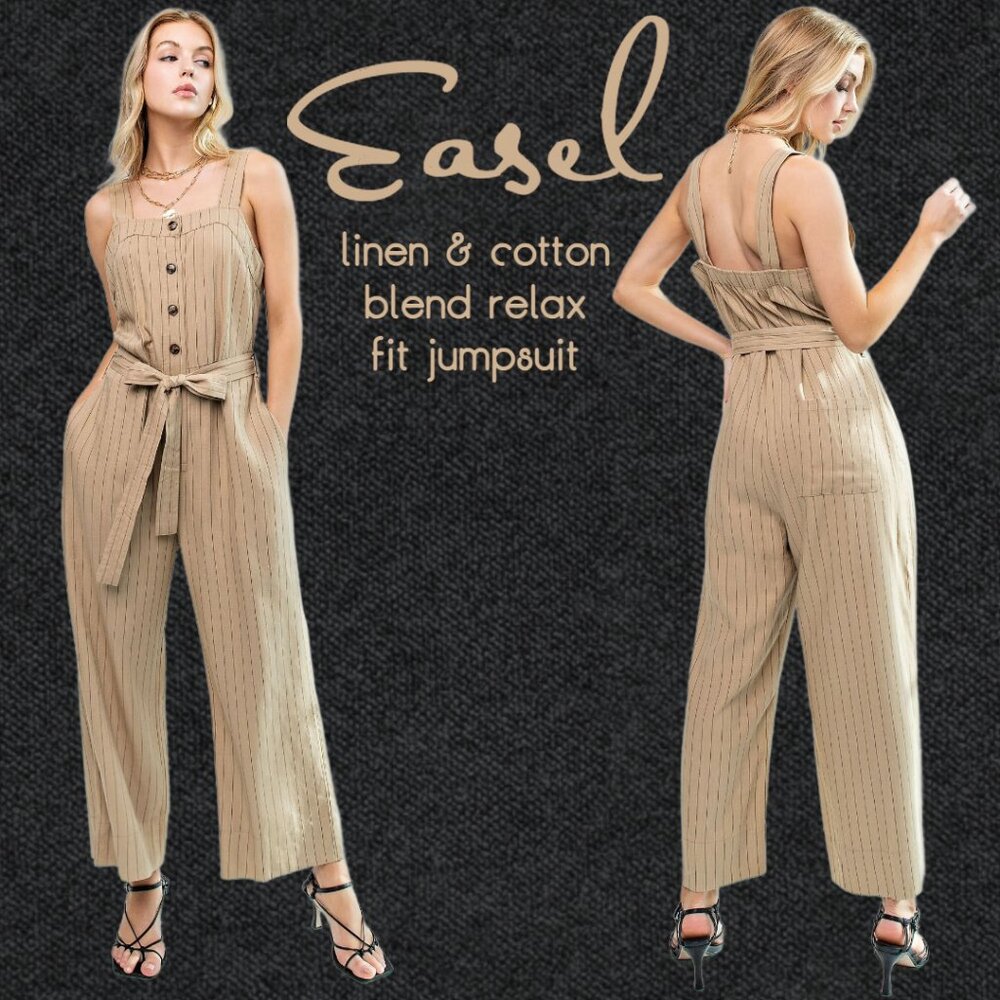 EASEL Linen-Look Relaxed Fit Pinstripe Jumpsuit, Self-Tie Pockets Button Closure